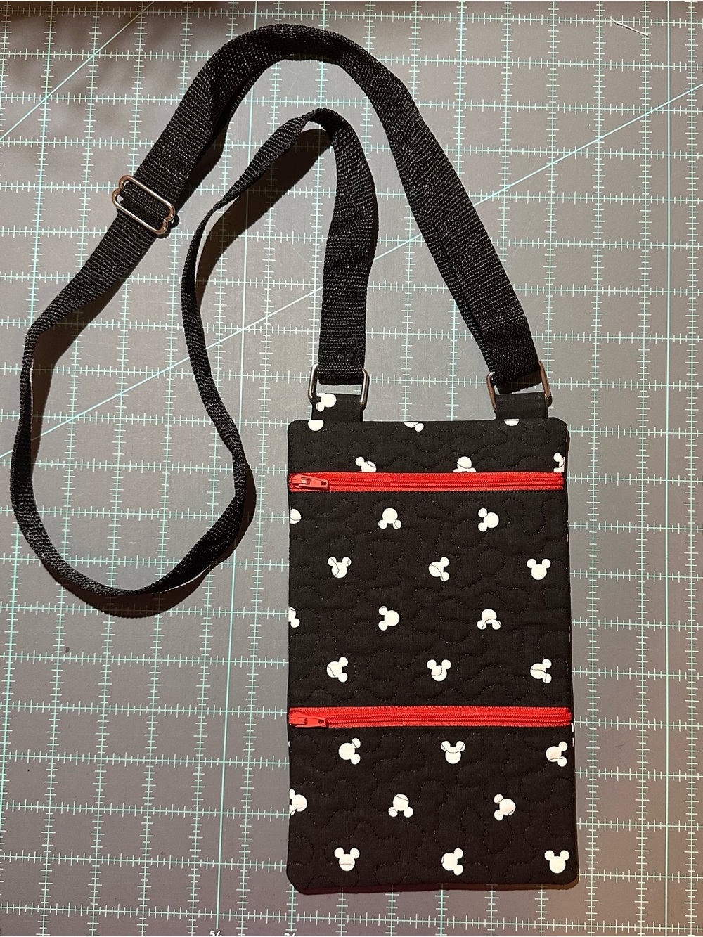 Black Crossbody Phone Pouch with Red Zippers